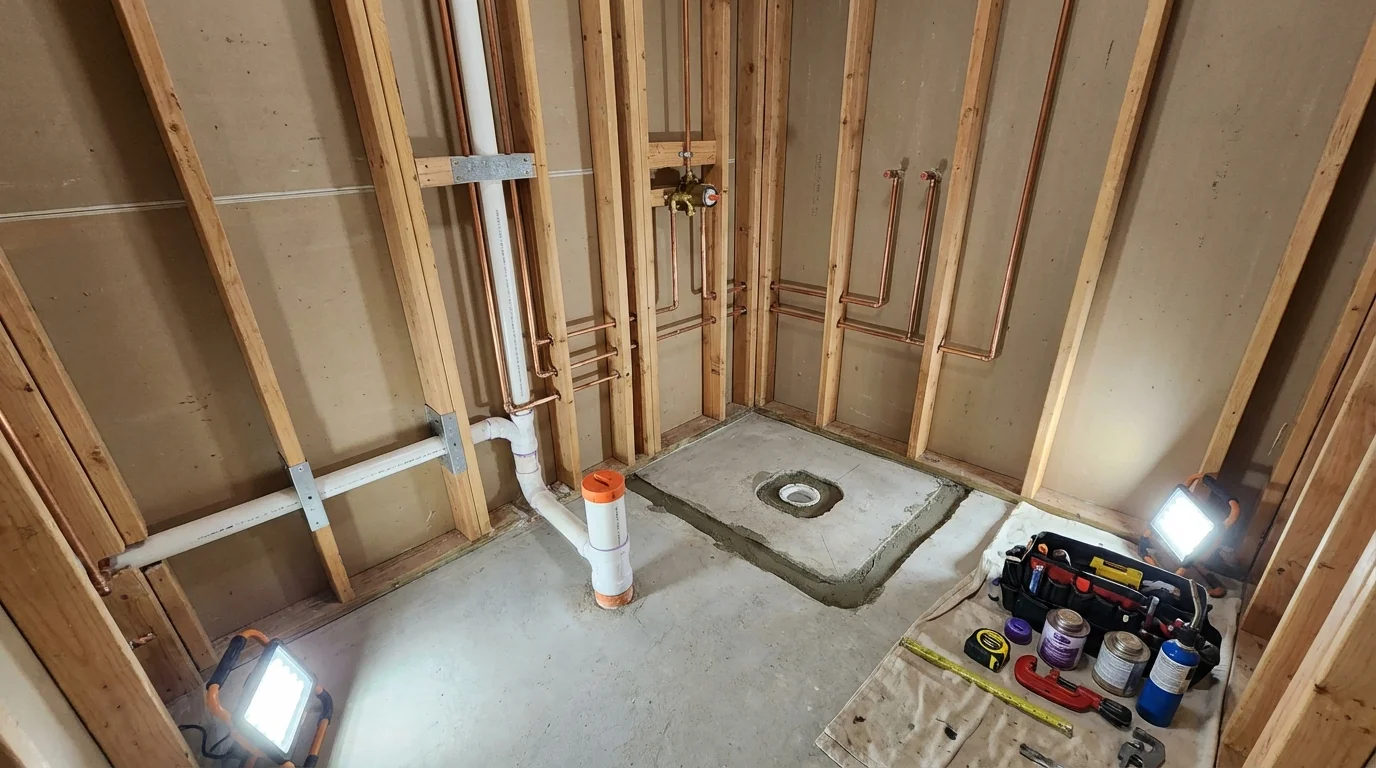 Bathroom rough-in plumbing during remodel by Johns Plumbing LLC in Calhoun Falls