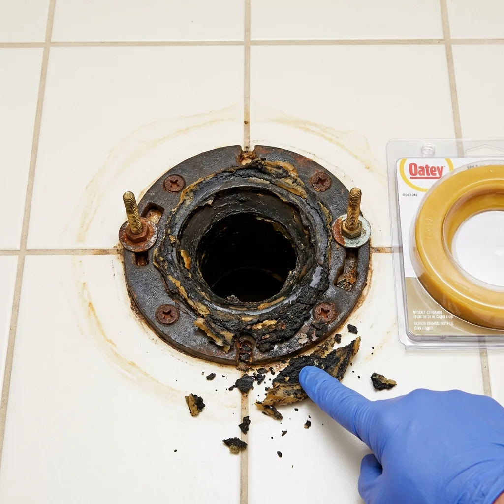 Failed wax ring showing water seepage at the base of a toilet in a Calhoun Falls, SC home